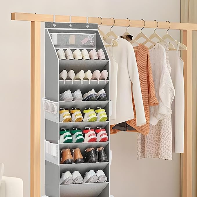 Genérico Over the Door Shoe Organizer | 8 Tier Hanging Organizer for 16-24 Shoes | Storage Closet Home Bathroom Bedroom Classroom