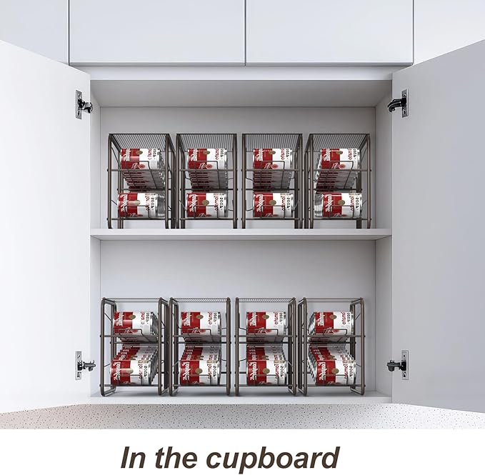 4 Pack Soda Can Organizer, Stackable Metal Can Dispenser for Pantry, Automatic Rolling Canned Food Organizer for Cabinet and Countertop, Brown.