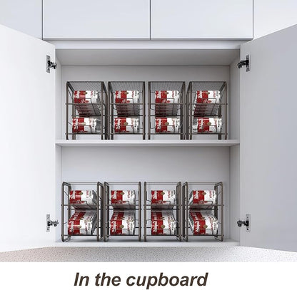4 Pack Soda Can Organizer, Stackable Metal Can Dispenser for Pantry, Automatic Rolling Canned Food Organizer for Cabinet and Countertop, Brown.