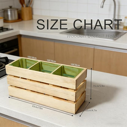 13" Large Wooden Utensil Holder, 3 Compartments Kitchen Countertop Caddy for Cooking Utensils & Silverware, Farmhouse Style Organizer with Handle