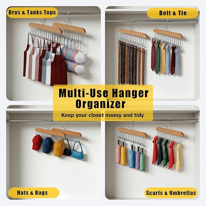 Bra Hangers 3 Pack - with 16 Non-Slip 360Rotating Metal Hooks for Tie, Hat, Bra, Wooden Multi Hook Hanger - Saves Space