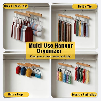 Bra Hangers 3 Pack - with 16 Non-Slip 360Rotating Metal Hooks for Tie, Hat, Bra, Wooden Multi Hook Hanger - Saves Space
