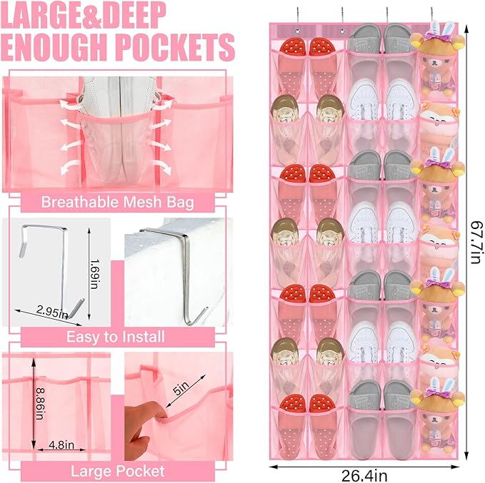 Windyun 2 Pcs 70 Large over The Door Shoe Organizer Hanging Shoe Rack for Closet Holder Pink Mesh Pockets Back to School Behind Door Hanger Storage Nonslip for Home Room School Dorm, Each 35 Pockets