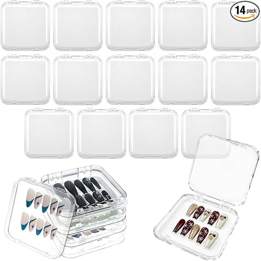 Press on nail storage 14 PCS Acrylic Nail Storage Box - Portable Versatile Organizer for Press - On Nails, Jewelry and More with 60 Pcs Adhesive Double Sided Tape