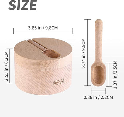 Wooden Divided Salt Cellar With Lid And Spoon,Salt Box With 2 Compartment,Salt container with Magnetic Swivel lid, Beech Wood