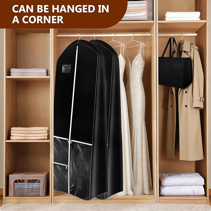 Dress Garment Bags, Long Garment Bags for Travel, 70’' Wedding Dress Cover with Handle, Foldable Clothing Bag with Pockets and Zippers, Black, 180 cm