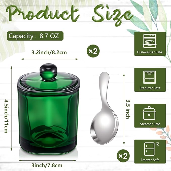 Reallnaive 2 Set Glass Salt Cellar with Lid and Spoon Container for Kosher, Sea, Himalayan Salt, Candy, Pepper, Heavyweight Seasoning Jar, Dishwasher Safe, 8.7oz(Green)