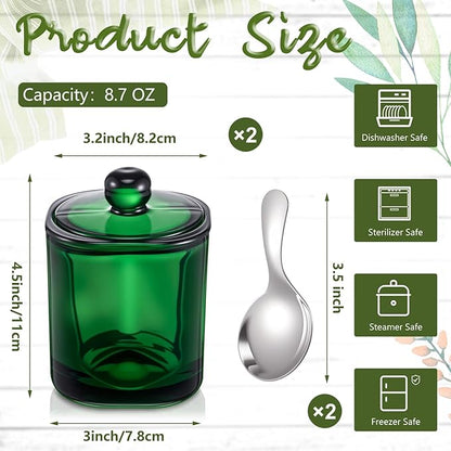Reallnaive 2 Set Glass Salt Cellar with Lid and Spoon Container for Kosher, Sea, Himalayan Salt, Candy, Pepper, Heavyweight Seasoning Jar, Dishwasher Safe, 8.7oz(Green)