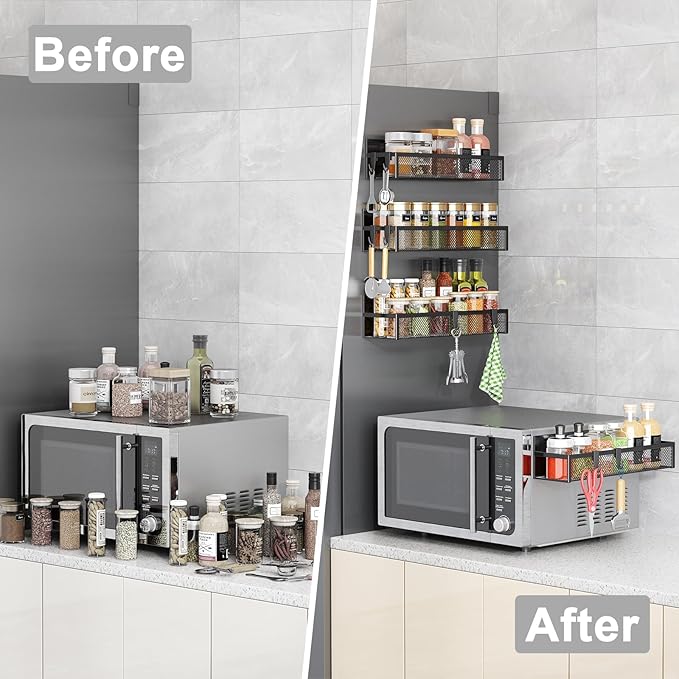 Aufworld Magnetic Spice Rack for Refrigerator, 4 Pack Magnetic Shelf, Fridge Magnet Organizer with Moveable 8 Hooks, Magnetic Fridge Shelf for Kitchen Organization and Storage (4 Pack)