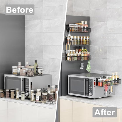 Aufworld Magnetic Spice Rack for Refrigerator, 4 Pack Magnetic Shelf, Fridge Magnet Organizer with Moveable 8 Hooks, Magnetic Fridge Shelf for Kitchen Organization and Storage (4 Pack)