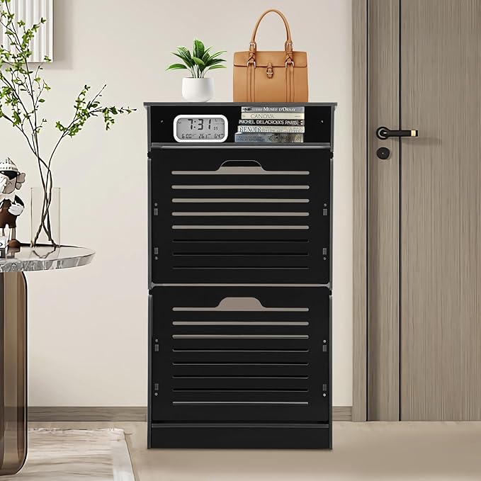 Free Standing Shoe Rack for Entryway, Hidden Narrow Shoe Storage Cabinet w/2 Flip Drawers, Shoe Organizer Cabinet for Bedroom Hallway Home Apartment (Black)