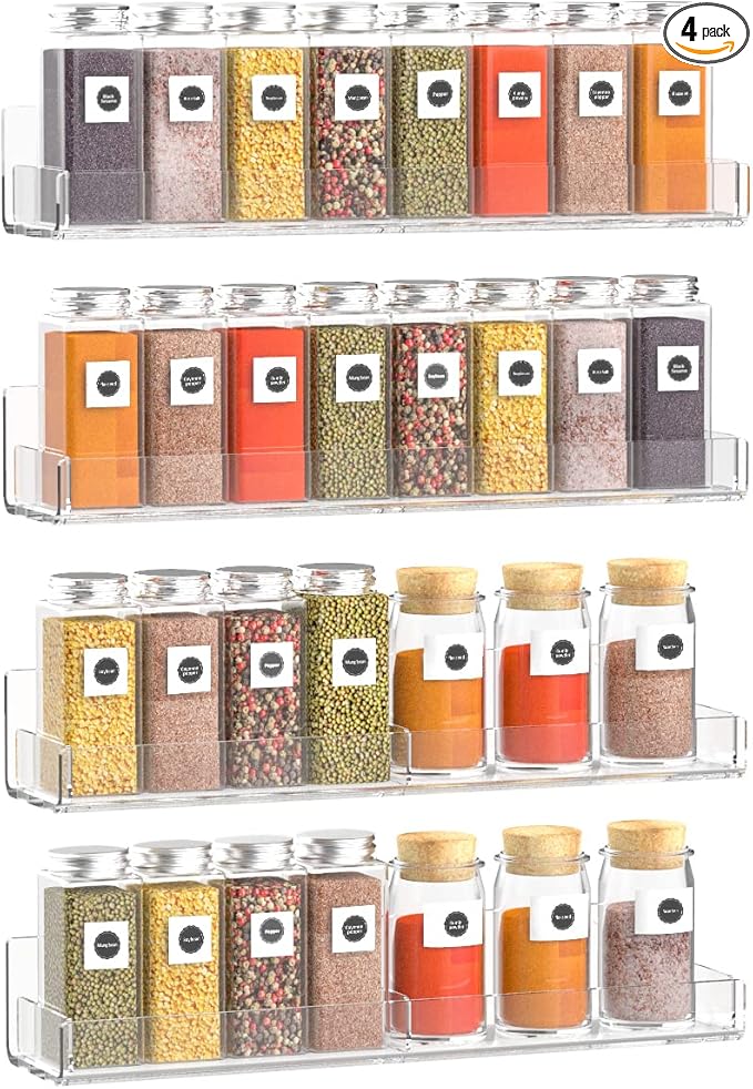 Sezanrpt Acrylic Wall Spice Rack Organizer, Seasoning Rack Shelf Organizer, Clear Wall Mounted Spice Rack Condiment Organizer with Additional Removable Middle Divider, 4 Pack…