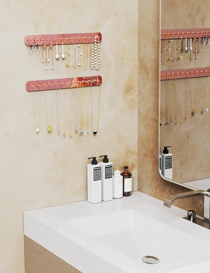 NiHome Wall Mount Acrylic Jewelry Organizer 2-Pack, Sleek Rack Strong Carbon Steel Hooks for Dressing Table, Bathroom, Kitchen, Hassle-Free Installation Dual Mounting Options (Rose Gold Mirror Finish)