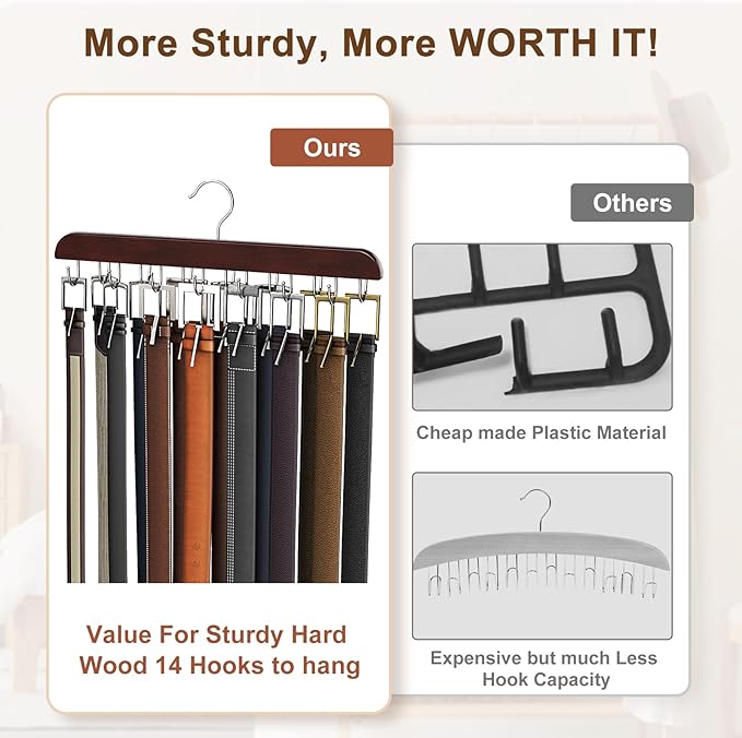 Belt Hanger for Closet, Sturdy Wood Belt Rack Closet Accessories with 14 Hooks Belt Organizer for Closet Organizers and Storage Max 42 Belts-Mahogany 2 Pack