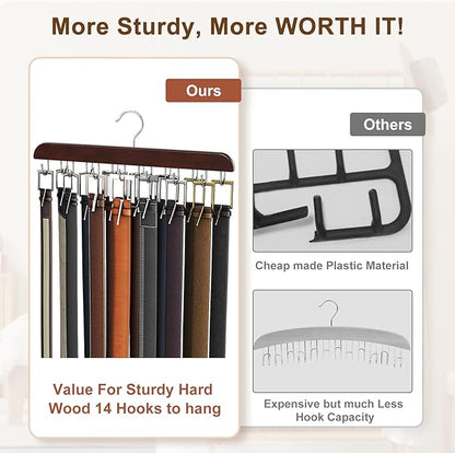 Belt Hanger for Closet, Sturdy Wood Belt Rack Closet Accessories with 14 Hooks Belt Organizer for Closet Organizers and Storage Max 42 Belts-Mahogany 2 Pack
