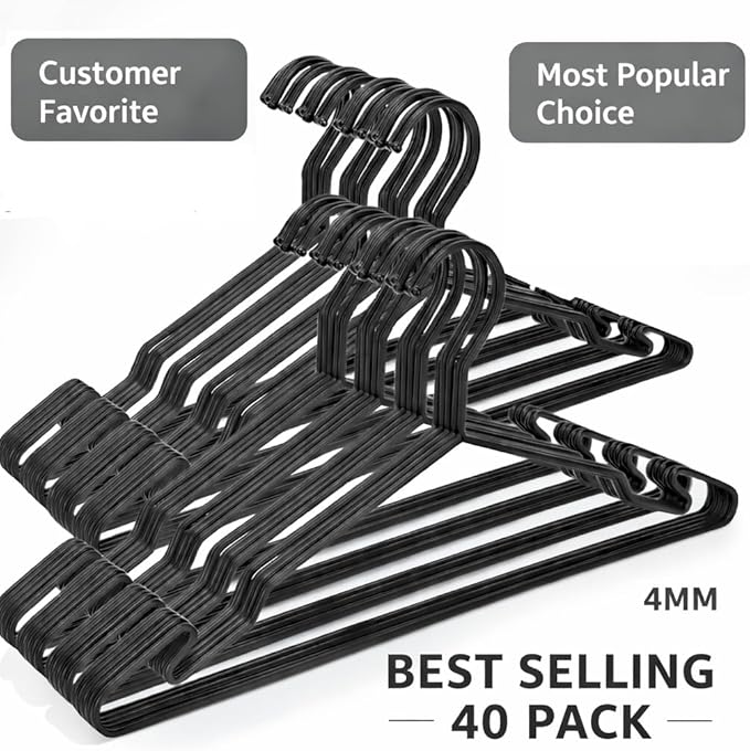 Heavy Duty Metal Hangers with Unique Hook Design Durable & Sturdy Coat Hangers 4mm Thick Withstands 25lbs Weight Smooth Powder Coated Finish Compact Shirt Hangers - 40 Pack Black