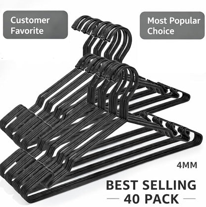 Heavy Duty Metal Hangers with Unique Hook Design Durable & Sturdy Coat Hangers 4mm Thick Withstands 25lbs Weight Smooth Powder Coated Finish Compact Shirt Hangers - 40 Pack Black