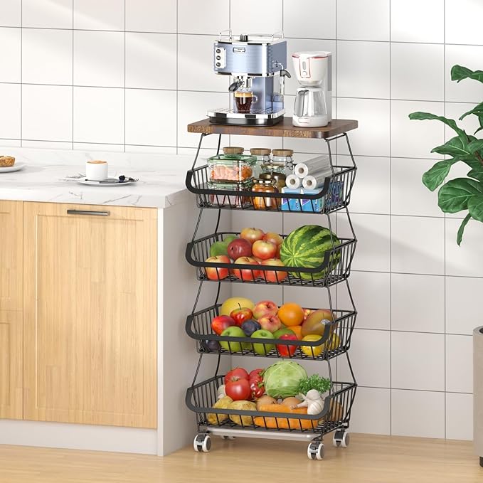 CHLORYARD Fruit Basket with Wooden Lid for Kitchen, 5-Tier Stackable Wire Fruit Vegetable Storage Basket Organizer Stand on Wheel, Produce Basket Potato Onion Storage Bins Rack Cart for Pantry