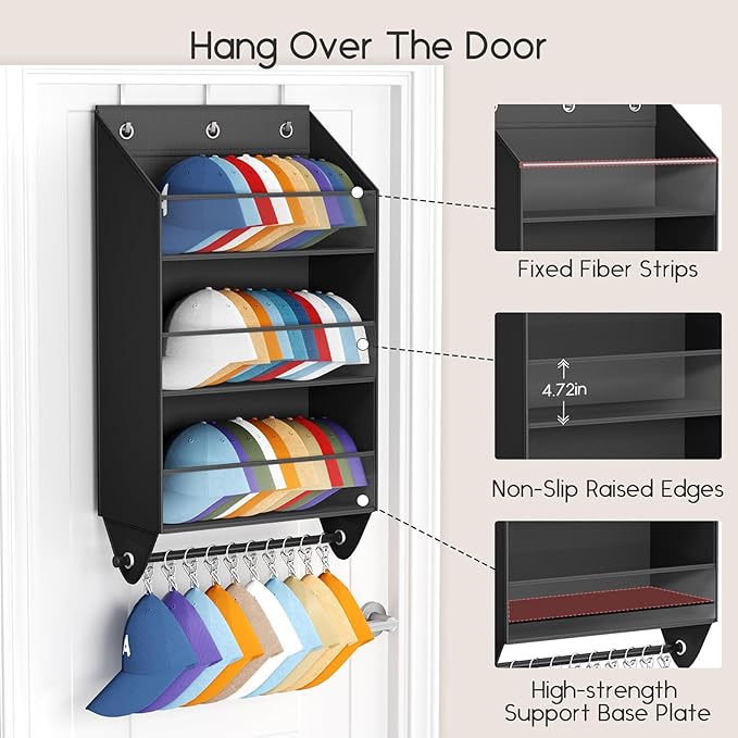 Homsorout Over the Door Hat Rack - 3-Layer Design Hat Organizer Holds 30-36 Hats with 10 Hooks, Ideal Hat Rack for Door, Over the Door Organizer for Closet, Apartment, Bedroom, Dorm, 1 Pack, Black