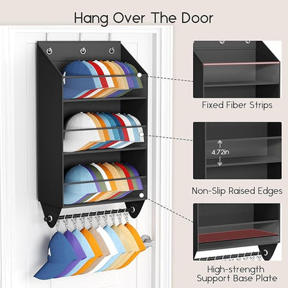 Homsorout Over the Door Hat Rack - 3-Layer Design Hat Organizer Holds 30-36 Hats with 10 Hooks, Ideal Hat Rack for Door, Over the Door Organizer for Closet, Apartment, Bedroom, Dorm, 1 Pack, Black