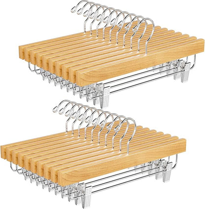 BAGAIL 20 Pack Wooden Pants Hangers with Adjustable Clips, 360°Swivel Hook Space Saving Skirt Holders with Anti-Rust Clips for Trousers, Jeans, Shorts (Natural)