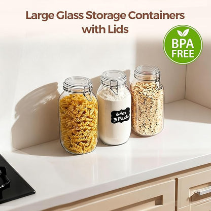 ComSaf 71oz Glass Canisters with Airtight Clamp Lids (Set of 3), 2.1L Large Fermentation & Pantry Jars for Bulk Food Storage, Ideal for Flour, Sugar, Sourdough Starter, and Pickling - 2.2 Quart