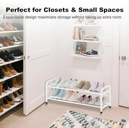 KANAV 2-Tier Expandable Shoe Rack, Heavy Duty Adjustable Metal Shoe Organizer for Closet & Entryway, Freestanding, Tool-Free Assembly, White