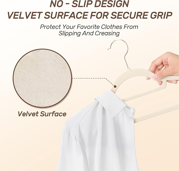 Sishynio Premium Velvet Hangers 30 Pack with Gold Hooks, Non-Slip, Space Saving Felt Clothes Hangers, Sturdy Slim Flocked Hanger for Dresses, Coats, Tie and Pants(Beige)