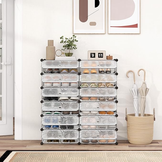 COSTWAY Shoe Rack Organizer, 6 Tier Shoe Shelves with Covers, DIY Design, 24-Pair Stackable Cube Organizer Boxes, Freestanding Shoe Cabinet for Entryway Bedroom Closet Hallway (White)