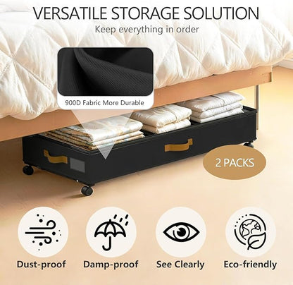 Under Bed Storage with Wheels 2-Pack, 75L XXL Under the Bed Storage Containers Large, 12" Tall Adjustable Storage for Underbed with Lids, Rolling for Clothes, Shoes, Blankets (Black)