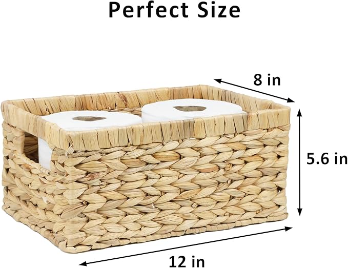 Wicker Basket, Water Hyacinth Baskets for Organizing, Rectangular Wicker Storage Basket for Shelves, Decorative Storage Bin with Built-in Handles (Medium)