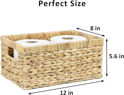 Wicker Basket, Water Hyacinth Baskets for Organizing, Rectangular Wicker Storage Basket for Shelves, Decorative Storage Bin with Built-in Handles (Medium)