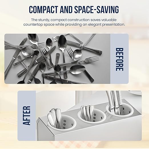 OCS Parts 3-Compartment Silverware Display Holder | White Cylinders | Stainless Steel Kitchen Caddy Utensil Holder with Perforated Cylinders for Home Kitchens, Restaurants, and Buffets