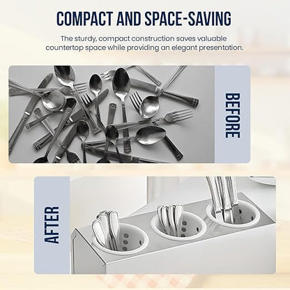 OCS Parts 3-Compartment Silverware Display Holder | White Cylinders | Stainless Steel Kitchen Caddy Utensil Holder with Perforated Cylinders for Home Kitchens, Restaurants, and Buffets