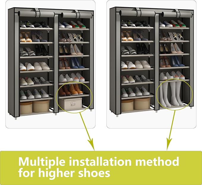 JIUYOTREE Double Row Shoe Rack Storage Organizer with Big Capacity,7-Tier Shoe Cabinet,Shelf,Closet with Nonwoven Fabric Cover for 28 Pairs of Shoes,Grey