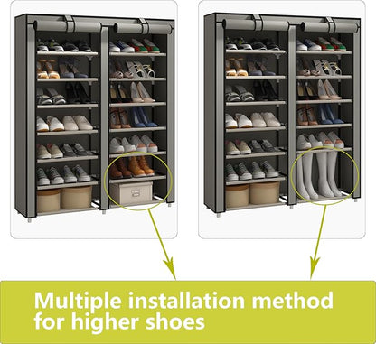 JIUYOTREE Double Row Shoe Rack Storage Organizer with Big Capacity,7-Tier Shoe Cabinet,Shelf,Closet with Nonwoven Fabric Cover for 28 Pairs of Shoes,Grey