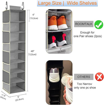 Large-Sized Hanging Shoe Organizer 8-Shelf, Hanging Closet Organizer with 8 Side Pockets, Wider Hanging Shelves for Storage Shoes Clothes 9" W × 11.8" D× 48" H, Grey