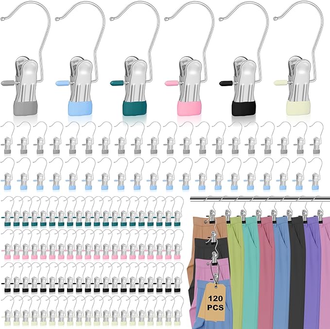 120 Pcs Legging Organizer for Closet Hanging - Stainless Steel Jeans Hangers with Clips, Multi-Purpose Skirt Hangers with Clips for Pants, Shorts, Towels, Boots Storage and Space Saving Solution