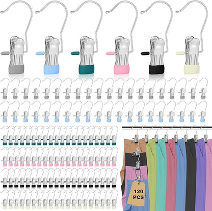 120 Pcs Legging Organizer for Closet Hanging - Stainless Steel Jeans Hangers with Clips, Multi-Purpose Skirt Hangers with Clips for Pants, Shorts, Towels, Boots Storage and Space Saving Solution