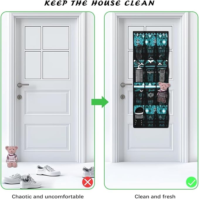 Over Door Organizer with 12 Mesh Pockets, Space Saving Large Capacity Hanging Storage Organizer Sundries Toys, Shoes,Aztec