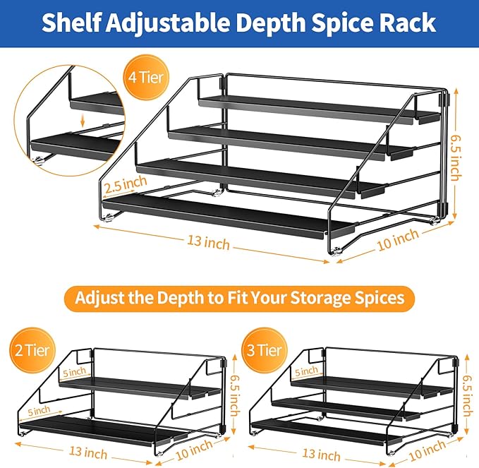 BOIVSHI 4 Tier Spice Rack for Cabinet, Spice Rack Organizer, Depth Adjustable Spice Holder for Countertop, Cupboard, Pantry, Seasoning Shelf, Metal, Black (1 Pack)