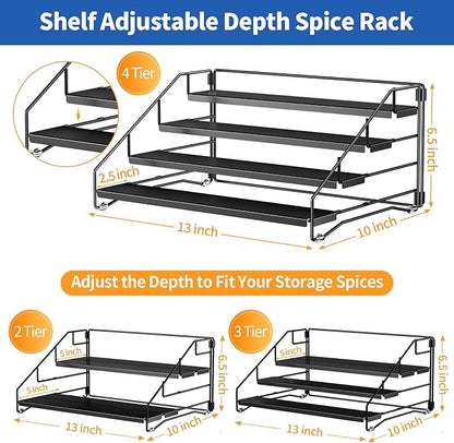 BOIVSHI 4 Tier Spice Rack for Cabinet, Spice Rack Organizer, Depth Adjustable Spice Holder for Countertop, Cupboard, Pantry, Seasoning Shelf, Metal, Black (1 Pack)