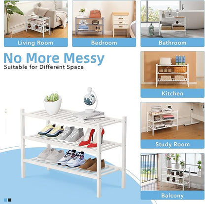 3 Tier Bamboo Shoe Rack Storage Organizer for Closet, Multifunctional Stackable Free Standing Shoe Shelf Organizer for Small Space,Entryway, Hallway, Bathroom27 x11 x20 (White, 3 Tier)