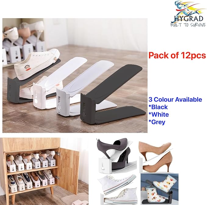 Pack of 12 Pcs Shoe Slot Organise Storage Adjustable 3-Level Height Shoe Organiser- Non-Slip Space Saver Shoe Holder- Shoe Stacker for All Shoe Styles Shoe Rack, Suitable for Women and Men, (Black)