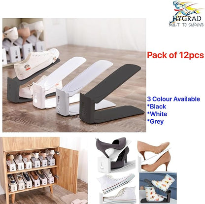 Pack of 12 Pcs Shoe Slot Organise Storage Adjustable 3-Level Height Shoe Organiser- Non-Slip Space Saver Shoe Holder- Shoe Stacker for All Shoe Styles Shoe Rack, Suitable for Women and Men, (Black)
