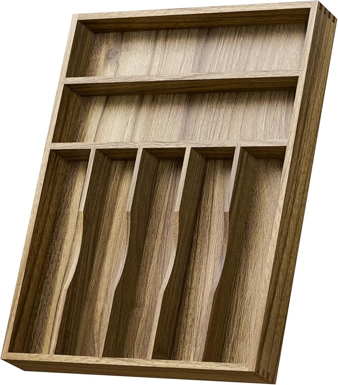 Kiasthome Acacia Wood Silverware Drawer Organizer, Kitchen Utensil Cutlery Drawer Organizer with Grooved Dividers, Flatware Organizer Silverware Tray Holder for Spoon, Fork, 13''x16.9'' (7 Slots)