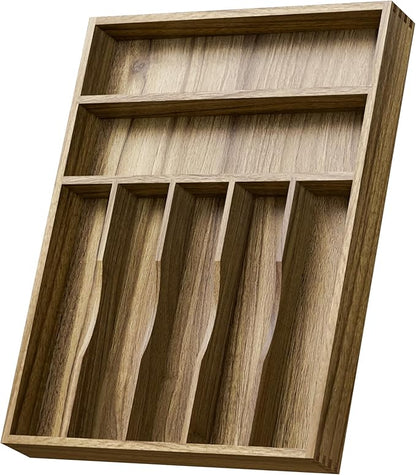 Kiasthome Acacia Wood Silverware Drawer Organizer, Kitchen Utensil Cutlery Drawer Organizer with Grooved Dividers, Flatware Organizer Silverware Tray Holder for Spoon, Fork, 13''x16.9'' (7 Slots)