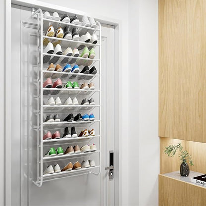 AQQHSAIN 10 Tier Over The Door Shoe Organizer Wall Shoe Shelf Shoe Holder Door Shoe Rack for Closet Pantry Hanging Shoes Clothes Toys Storage Shelves (White)