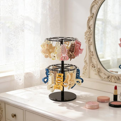 2-Tier Black Acrylic Claw Clip Organizer Rack-Large Capacity Hair Claw Clips Holder for Bathroom, Bedroom- Durable Clear Hair Accessories Organizer Storage for Women and Girls (Black)
