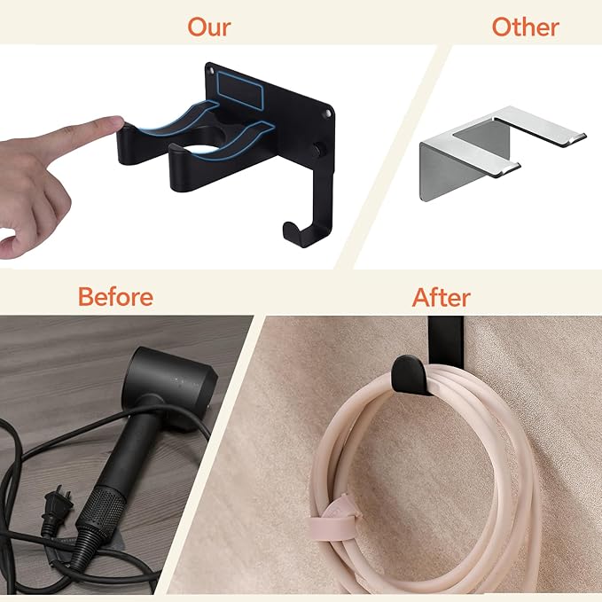 Dyson Hair Dryer Holder Wall Mounted, Hair Tool Organizer Self Adhesive Compatible with Blow Dryer Holder Aluminum HairDryer Holder Wall Mounted for Bathroom Black CHOCHOYAH